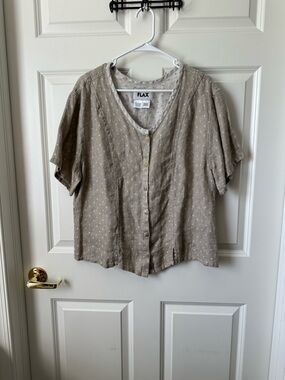 Flax Button Up Short Sleeve Top 100% Linen Polka Dot Tan Boxy Lagenlook Boho